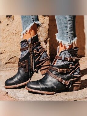 Freebird Crue Multi Blue Snake-Print & Brown Ankle Strap Booties 7